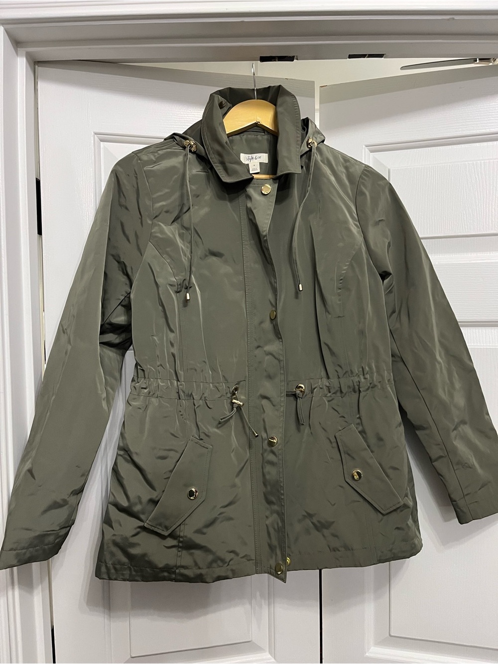 Style & Co. Olive Green Hooded Drawstring Raincoat